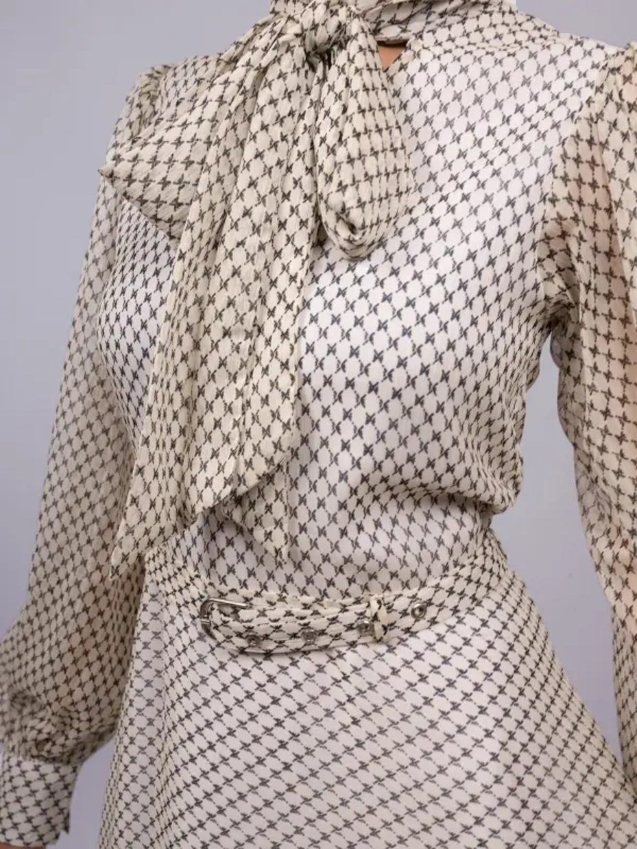 Off-White Formal Tie-up Neck Bishop Sleeve Fit and Flare Dress 6