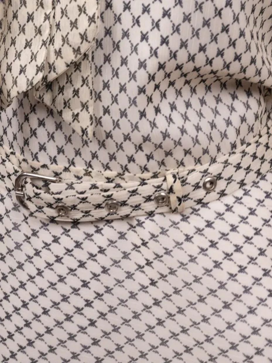 Off-White Formal Tie-up Neck Bishop Sleeve Fit and Flare Dress 3