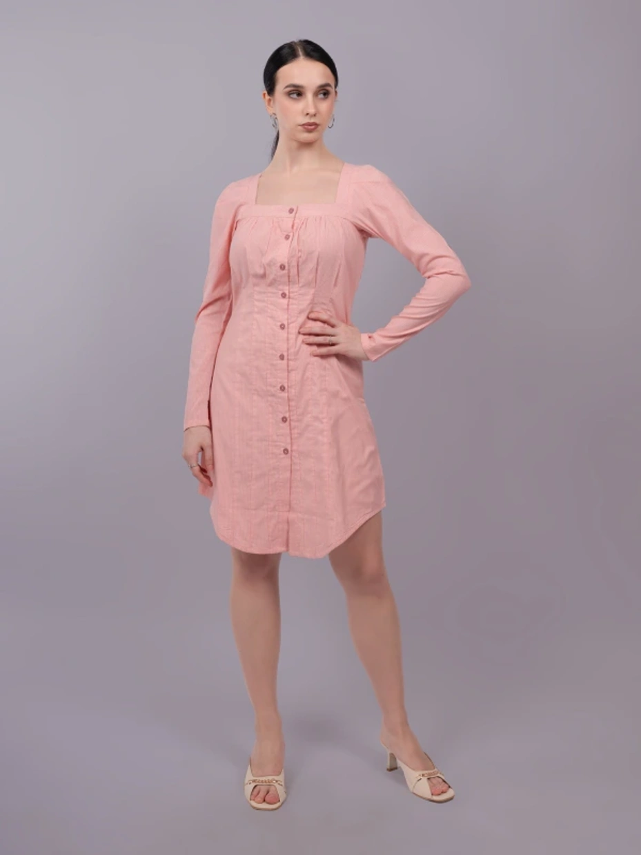 Pink Long Sleeve Square Neck Formal Shirt Dress 2