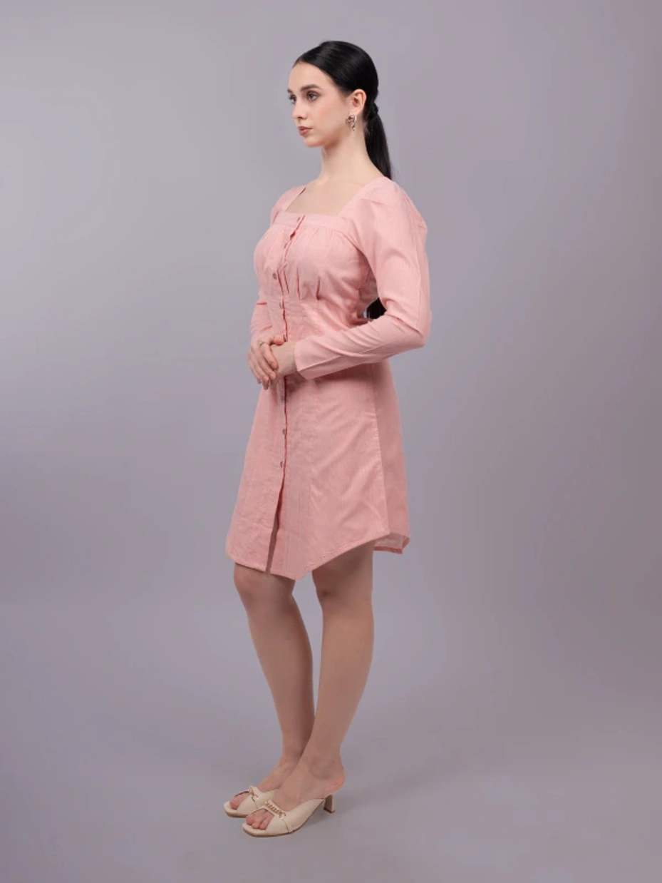 Pink Long Sleeve Square Neck Formal Shirt Dress 3