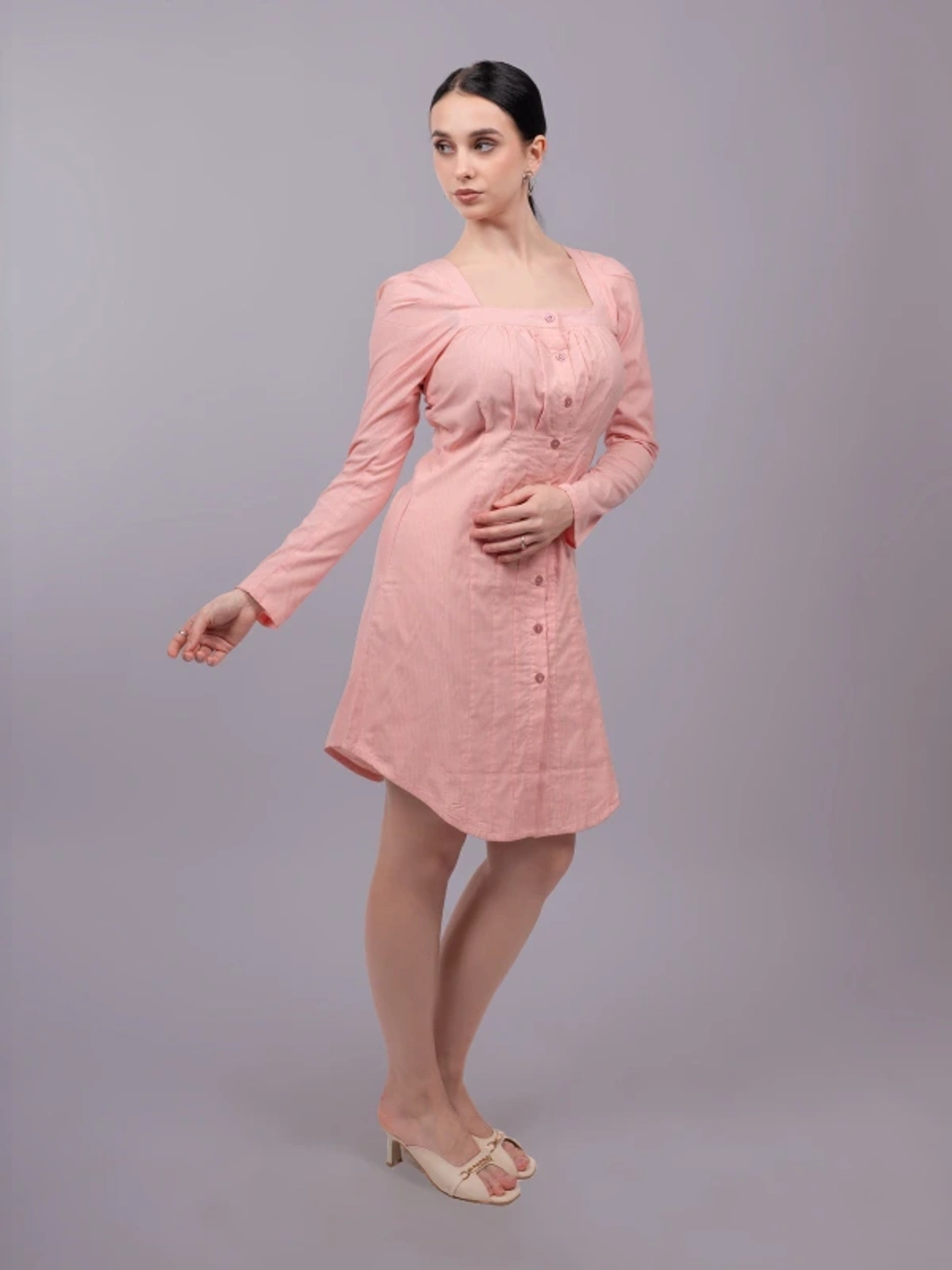 Pink Long Sleeve Square Neck Formal Shirt Dress 4