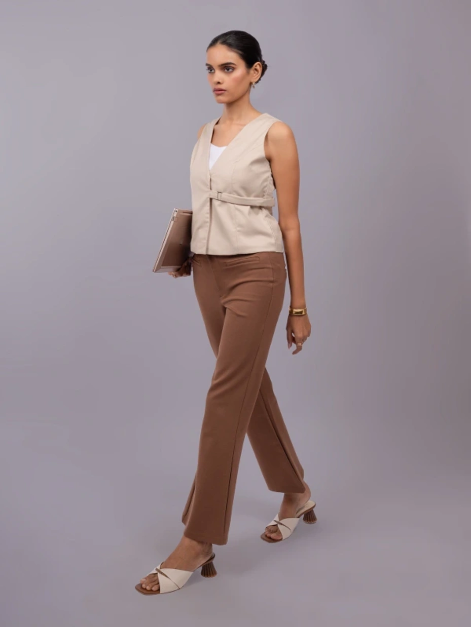 Beige Formal Sleeveless Waistcoat Top With Side Buckles 2