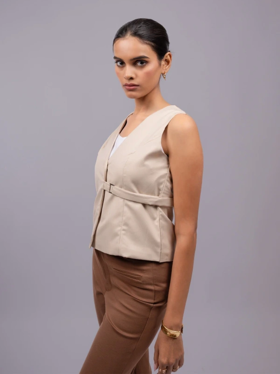 Beige Formal Sleeveless Waistcoat Top With Side Buckles 4
