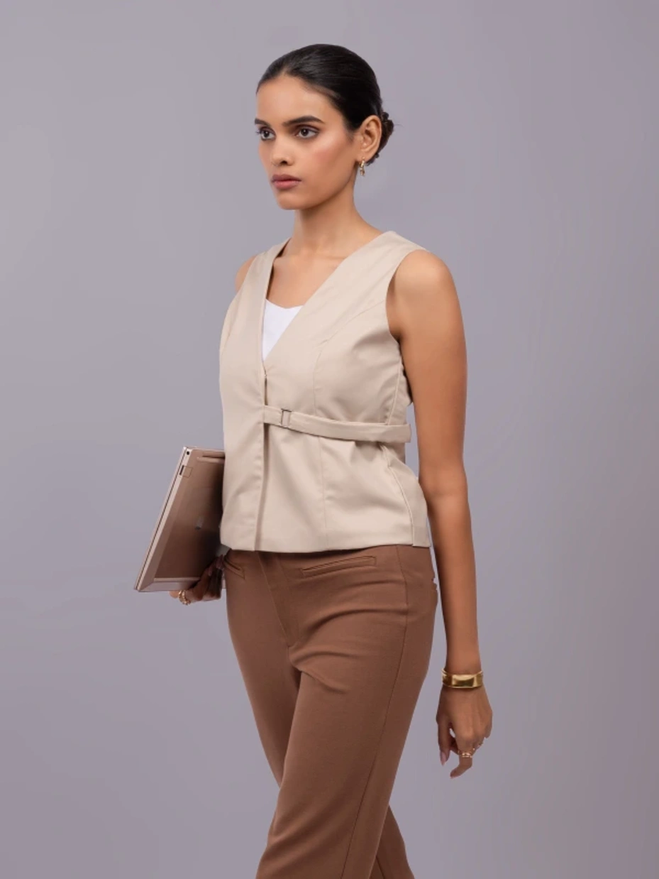 Beige Formal Sleeveless Waistcoat Top With Side Buckles 6
