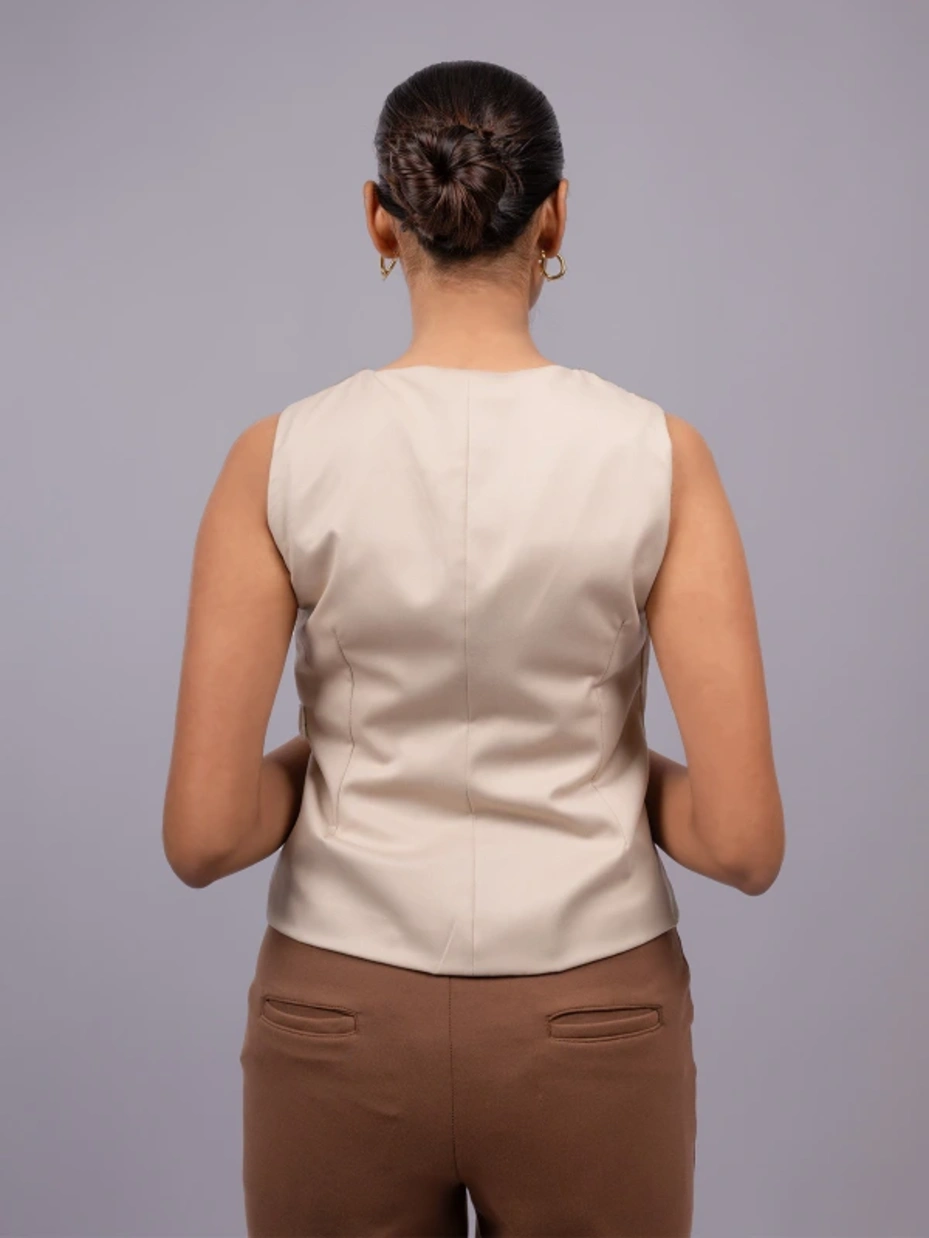 Beige Formal Sleeveless Waistcoat Top With Side Buckles 7