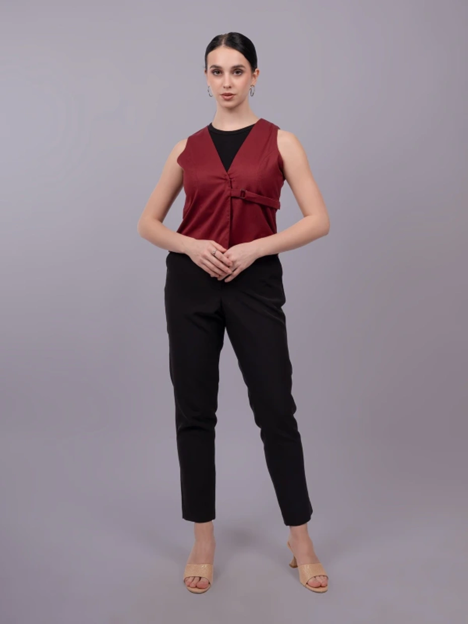 AP	Maroon Formal Sleeveless Waistcoat Top With Side Buckles 2