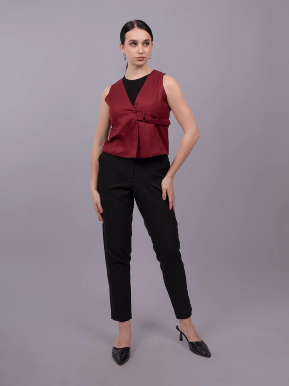 AP	Maroon Formal Sleeveless Waistcoat Top With Side Buckles 3
