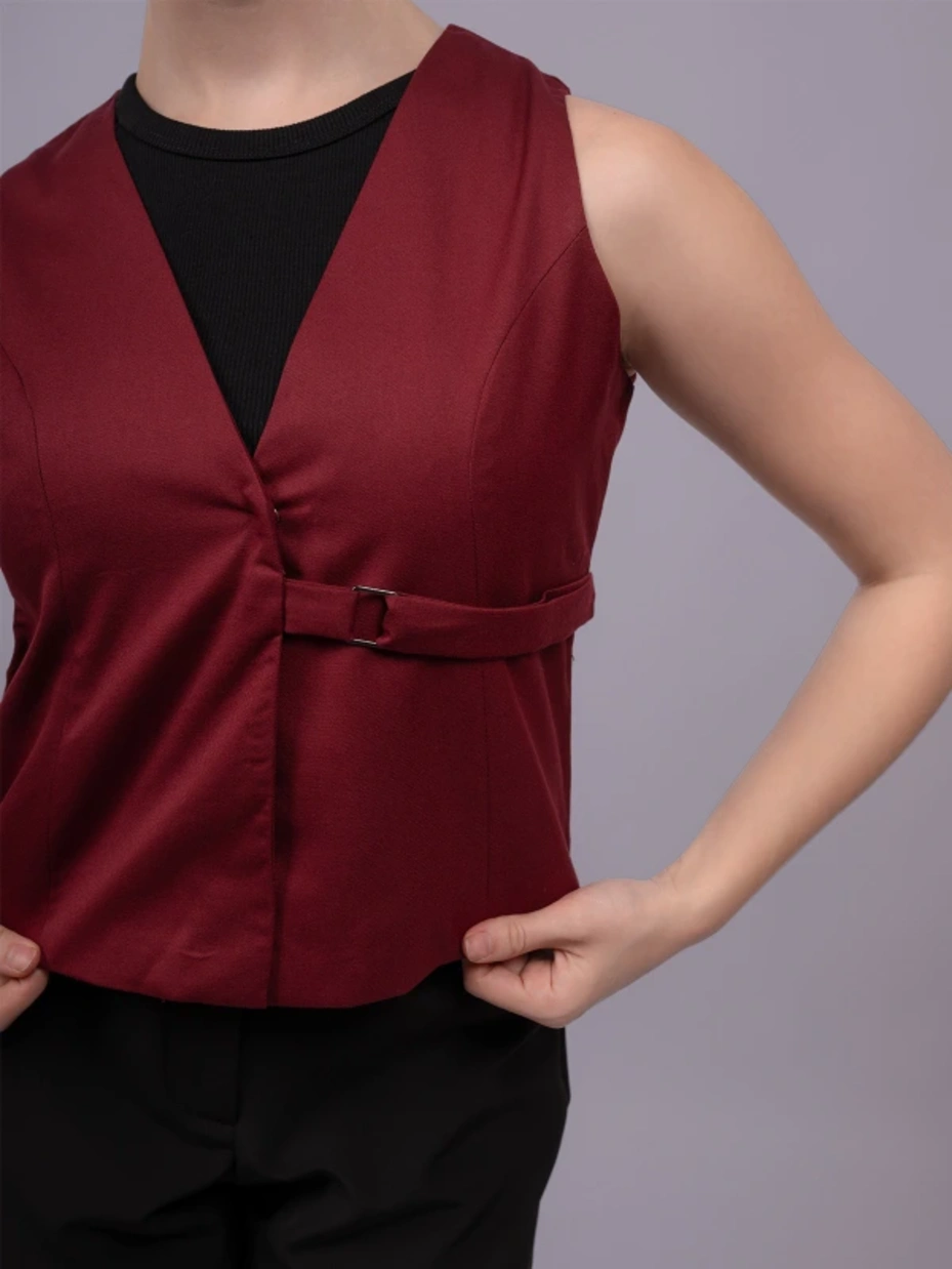 AP	Maroon Formal Sleeveless Waistcoat Top With Side Buckles 5