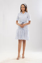 White Cotton Collar Neck Paisley Print Dress with Waist Belt