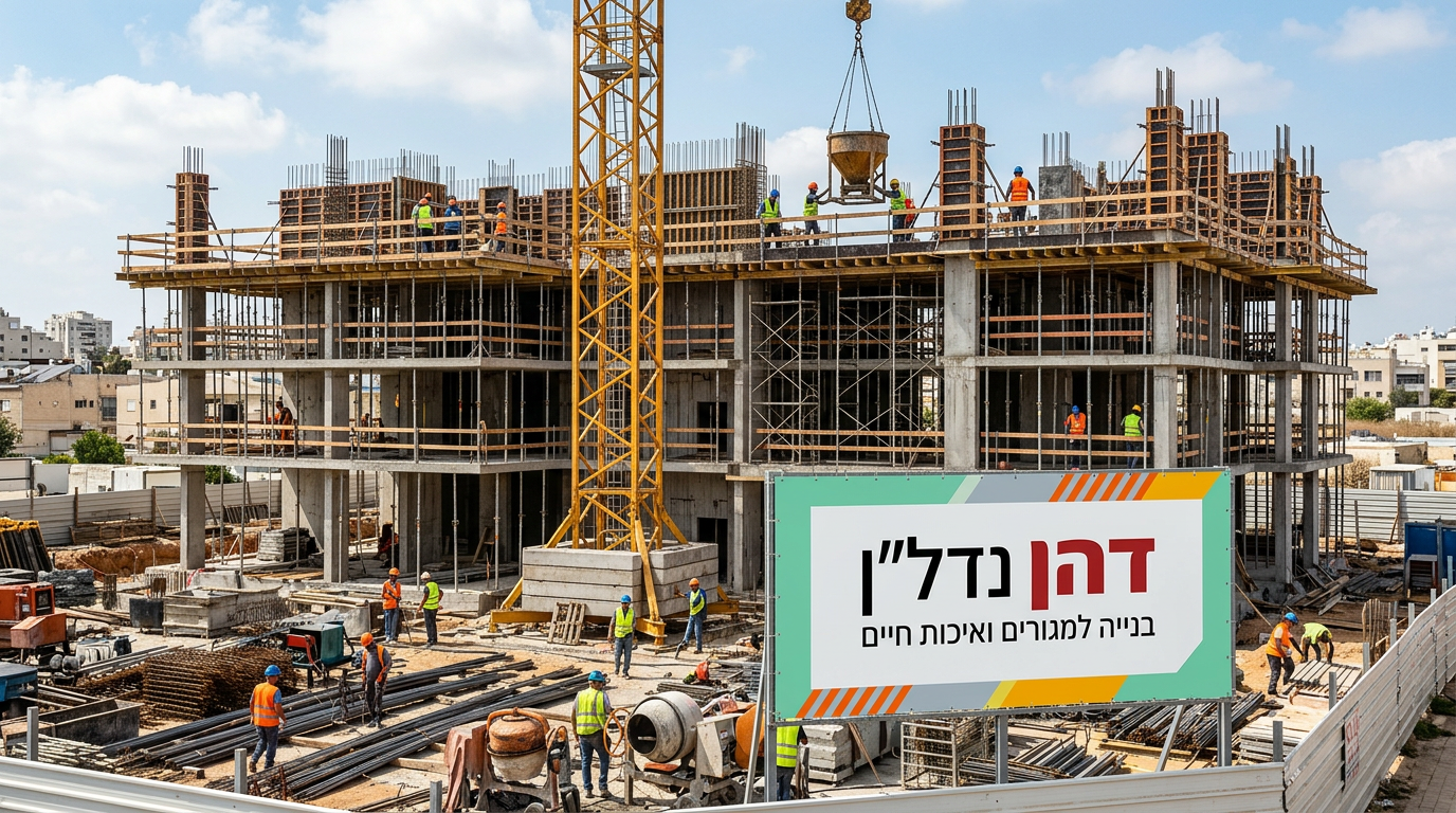 אתר בנייה פעיל עם פועלים עסוקים בהקמת בניין מגורים. ניתן לראות טפסות עץ, פיגומים, מנוף ניצב ושלד הבניין מתחיל להתרומם. הלוגו של דהן נדל