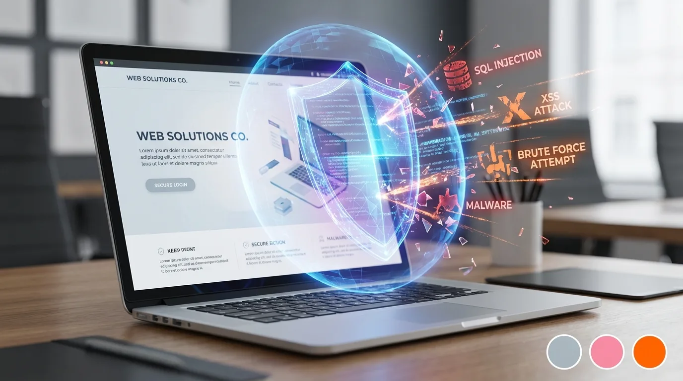 A symbolic illustration of website security. A sleek, modern website interface is protected by a glowing, translucent digital shield, deflecting abstract representations of cyber threats like viruses and hacking attempts.