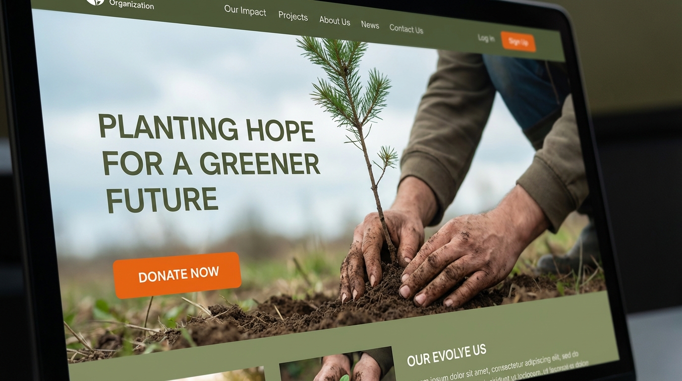 A website for a non-profit organization focused on environmental protection. The hero section features a powerful, emotional photo of a volunteer planting a tree sapling. The color palette is earthy (greens, browns, sky blue) and the main call-to-action button, "Donate Now," is prominent and inviting.