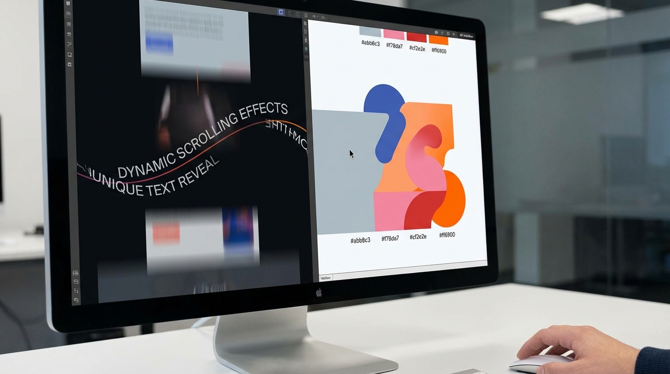 אנימציה מורכבת וזורמת באתר שנבנה ב-Webflow. רואים אלמנטים גרפיים נעים בצורה חלקה עם גלילת העכבר, טקסט שמופיע באפקט ייחודי, ותמונות שמשנות את צורתן במעבר עליהן. המראה הכללי הוא מודרני, מקצועי ודינמי.