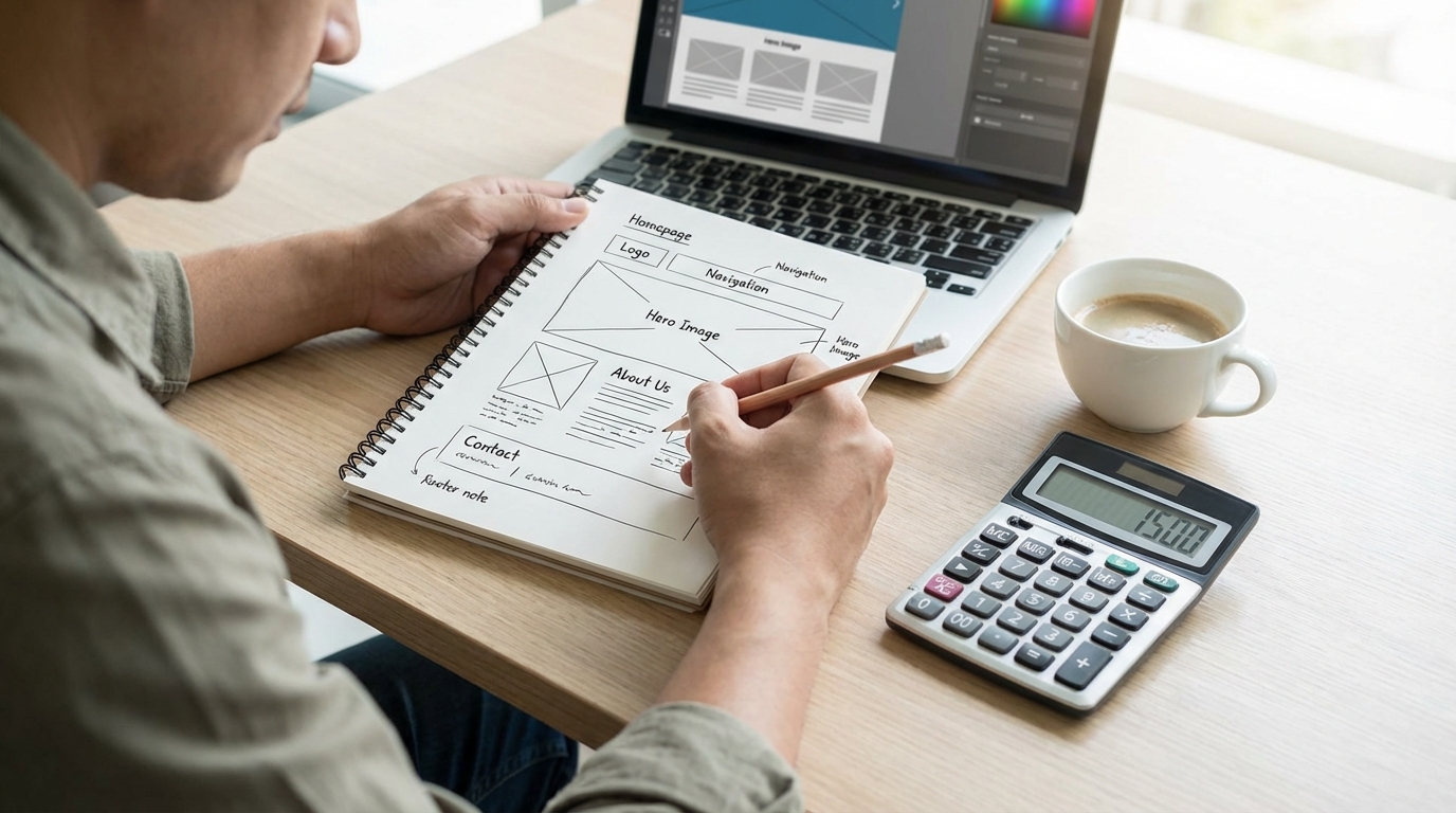 A person sitting at a clean desk with a notebook, sketching out a website wireframe. Next to the notebook is a calculator and a cup of coffee, symbolizing the planning and budgeting phase of a web project.
