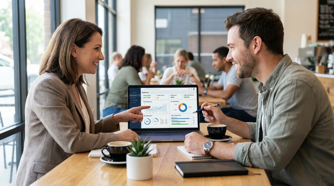 Two people, a business owner and a web developer, sitting at a cafe table with a laptop. They are having an engaging conversation, pointing at the screen, which shows website analytics, symbolizing a successful client-agency relationship.