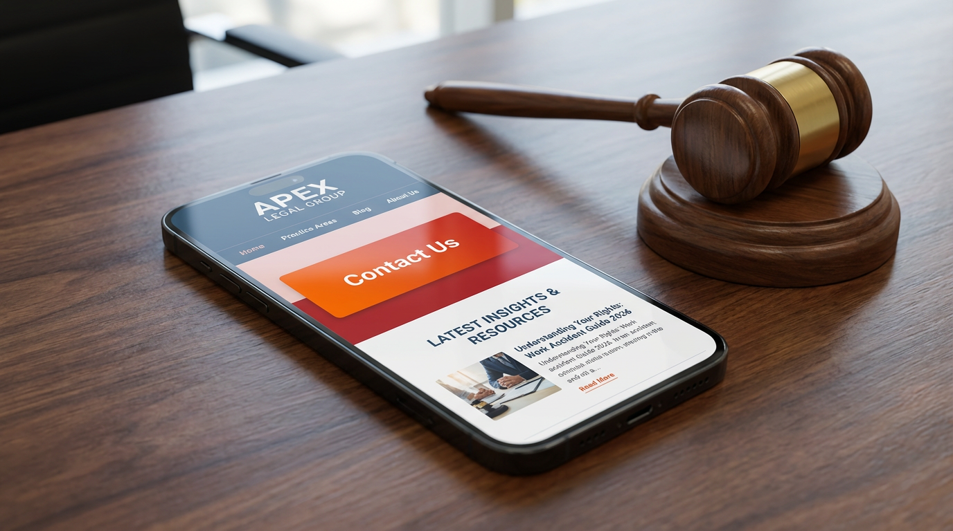 A close-up of a modern smartphone displaying a sleek, professional law firm website with a prominent 'Contact Us' button, resting on a polished wooden desk next to a legal gavel.