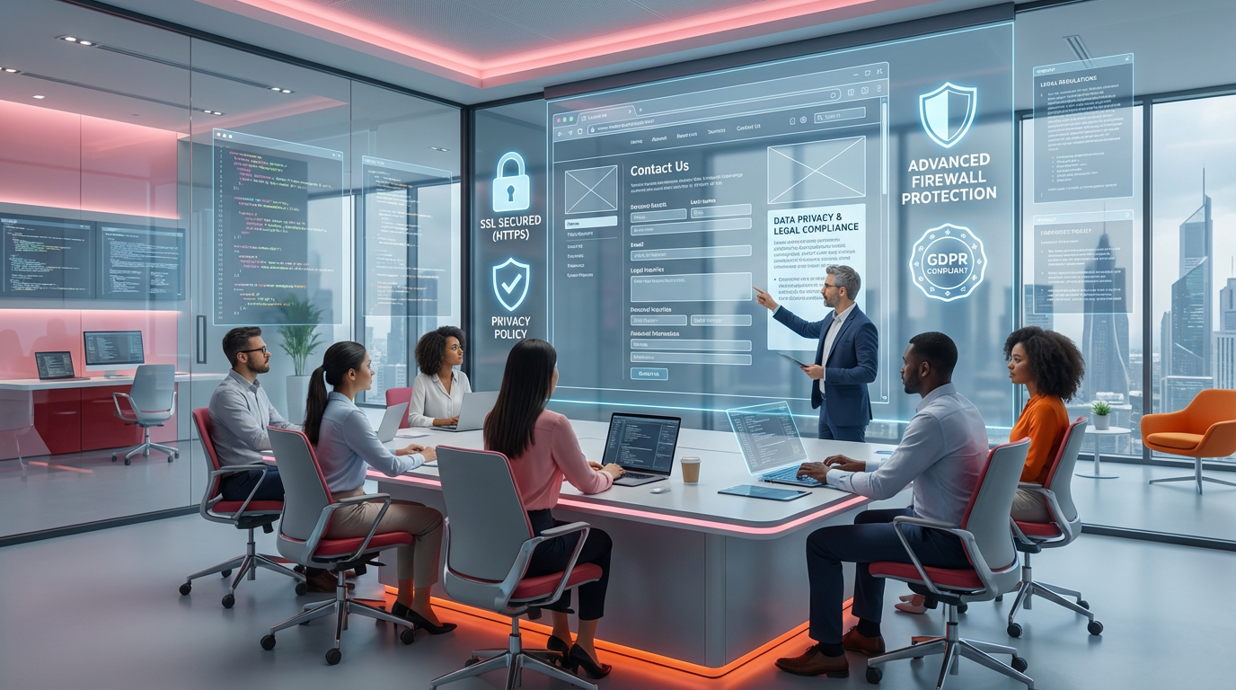 A diverse team of professional web developers and legal consultants sitting in a high-tech 2026 conference room, looking at wireframes of a website projected on a large glass screen.