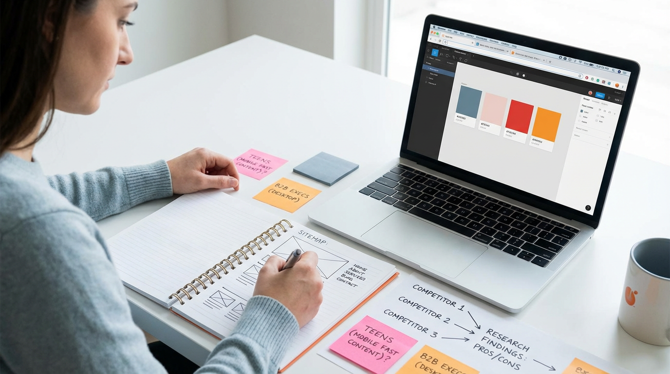 A person sitting at a modern minimalist desk with a laptop and a notebook, sketching out a website wireframe with flowcharts and sticky notes around them, illustrating the planning phase of web design.