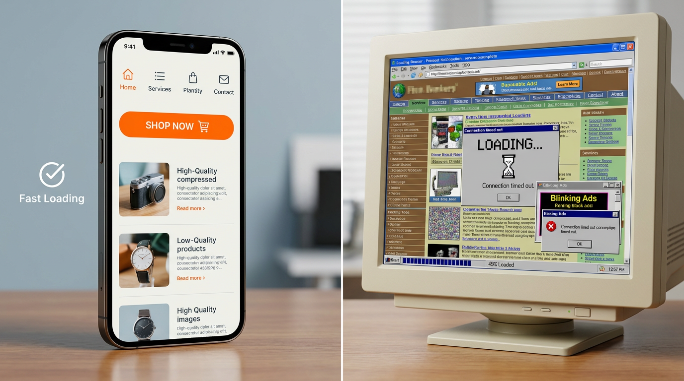 A split screen graphic showing a colorful, clean, and user-friendly mobile website interface on a smartphone on the left, and a messy, slow, outdated desktop website on the right, highlighting the importance of modern responsive design.