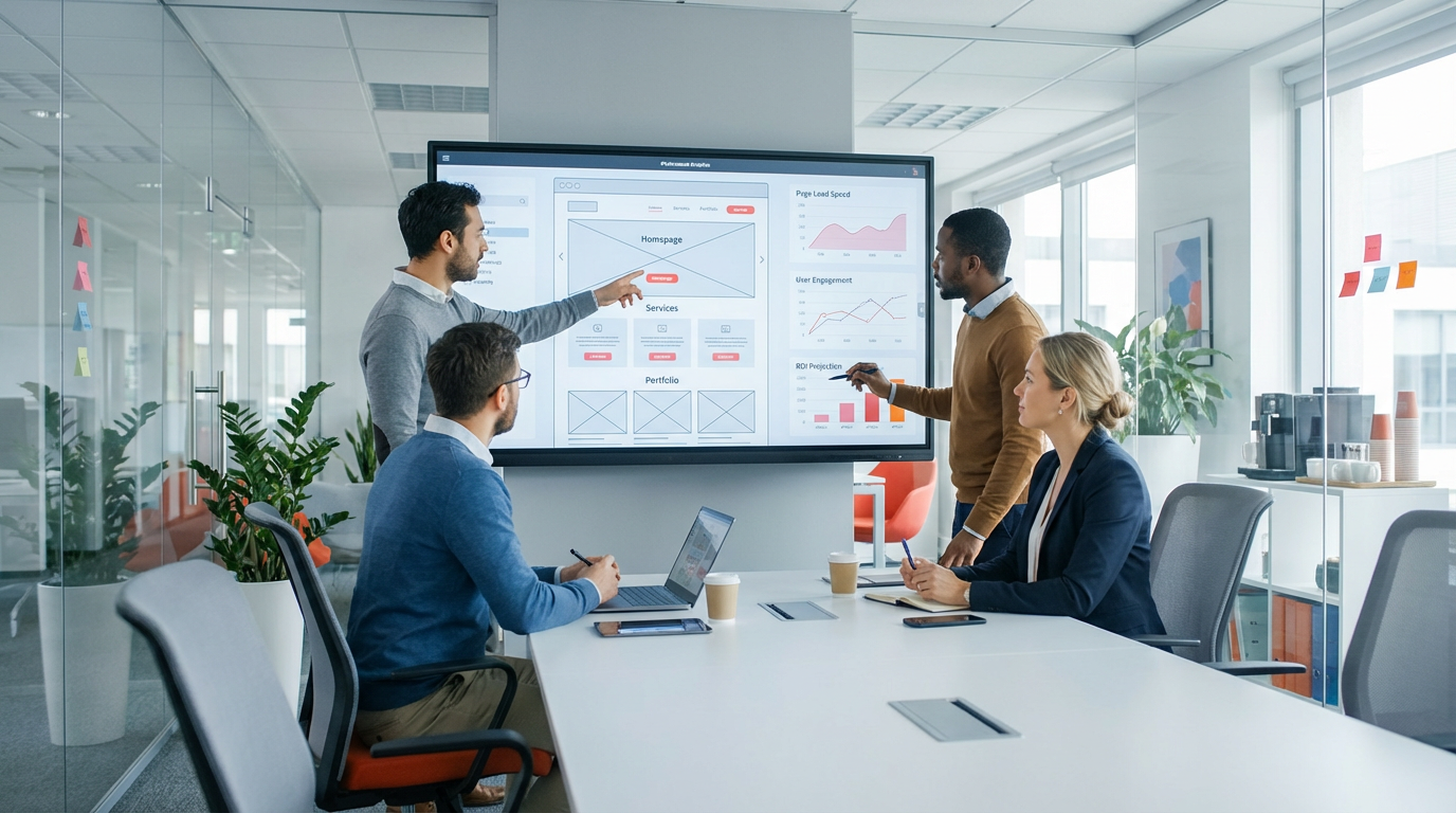 A modern tech office setting where a diverse team of web developers and a client are collaborating around a large digital screen displaying interactive website wireframes and performance analytics, bright and professional lighting.
