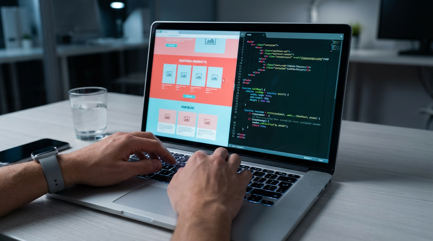 A close-up of a person's hands typing rapidly on a sleek laptop keyboard, with a split computer screen showing a colorful and visually appealing website design on one side and complex lines of programming code on the other, symbolizing modern web development.