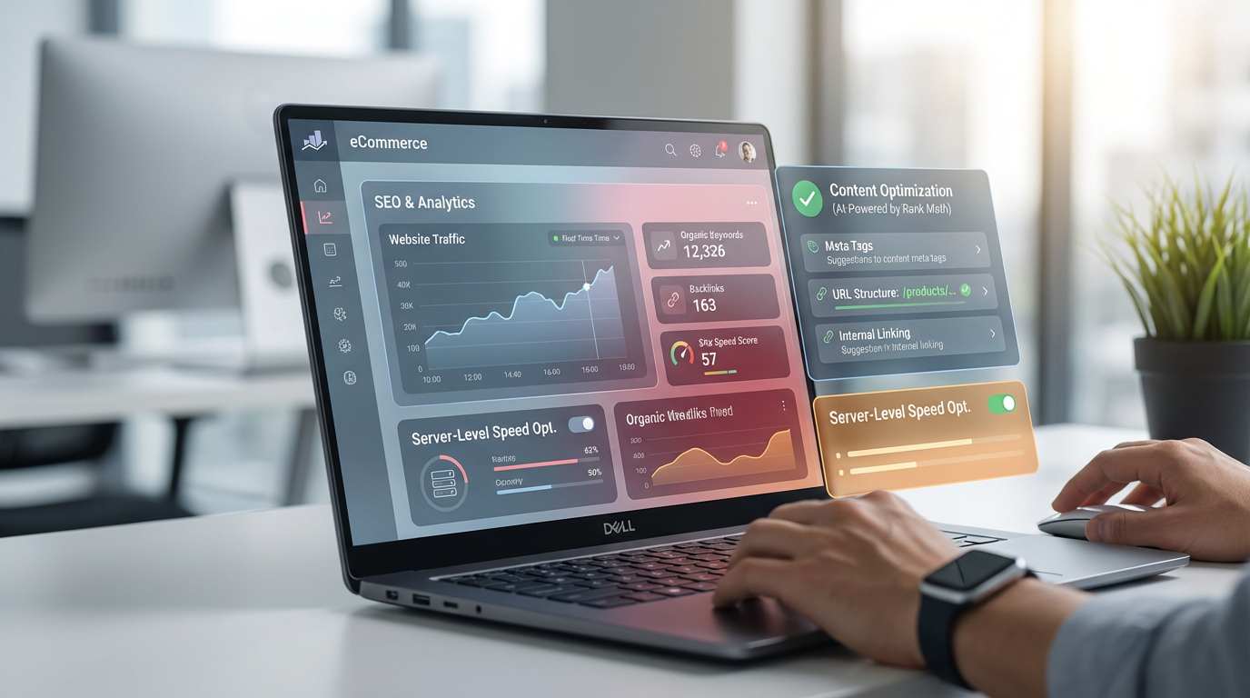 A professional dashboard interface on a sleek laptop displaying eCommerce analytics, traffic graphs, and SEO metrics, highlighting the backend management experience of a modern online store.