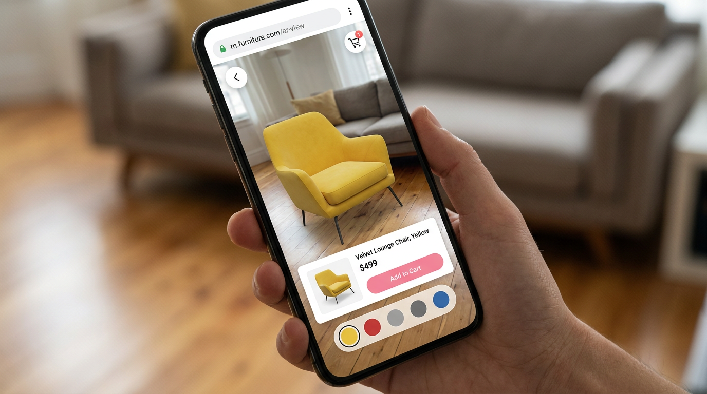 A smartphone screen showing an Augmented Reality (AR) web interface. The user is viewing a virtual yellow armchair placed in their actual living room, with minimalist UI buttons for color selection and checkout overlaid on the camera view.