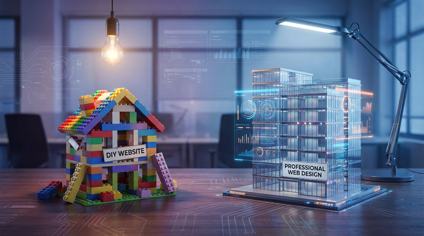 A conceptual side-by-side comparison. On the left, a fragile, messy house built of mismatched colorful toy blocks (representing DIY websites). On the right, a sleek, solid, beautifully architect-designed modern glass and steel building (representing professional web design).