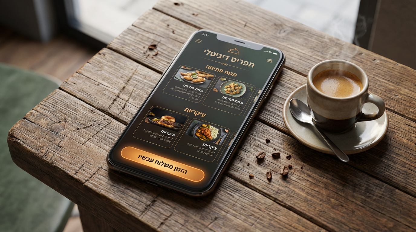 A modern smartphone displaying a beautifully designed restaurant menu app or mobile website, with a prominent 'Order Now' button, resting on a rustic wooden restaurant table next to a cup of espresso.