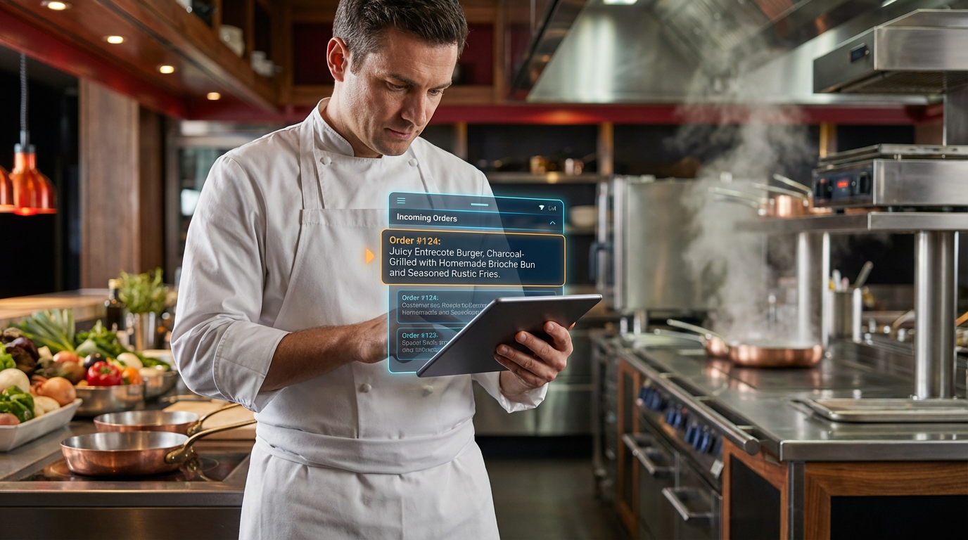A chef in a professional restaurant kitchen looking at a digital tablet that displays incoming online orders, with fresh ingredients, pans, and cooking stations slightly out of focus in the background.
