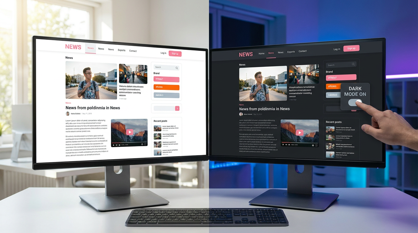 A split-screen illustration showing a website interface in both light mode and dark mode, highlighting the seamless transition of UI elements and brand colors.