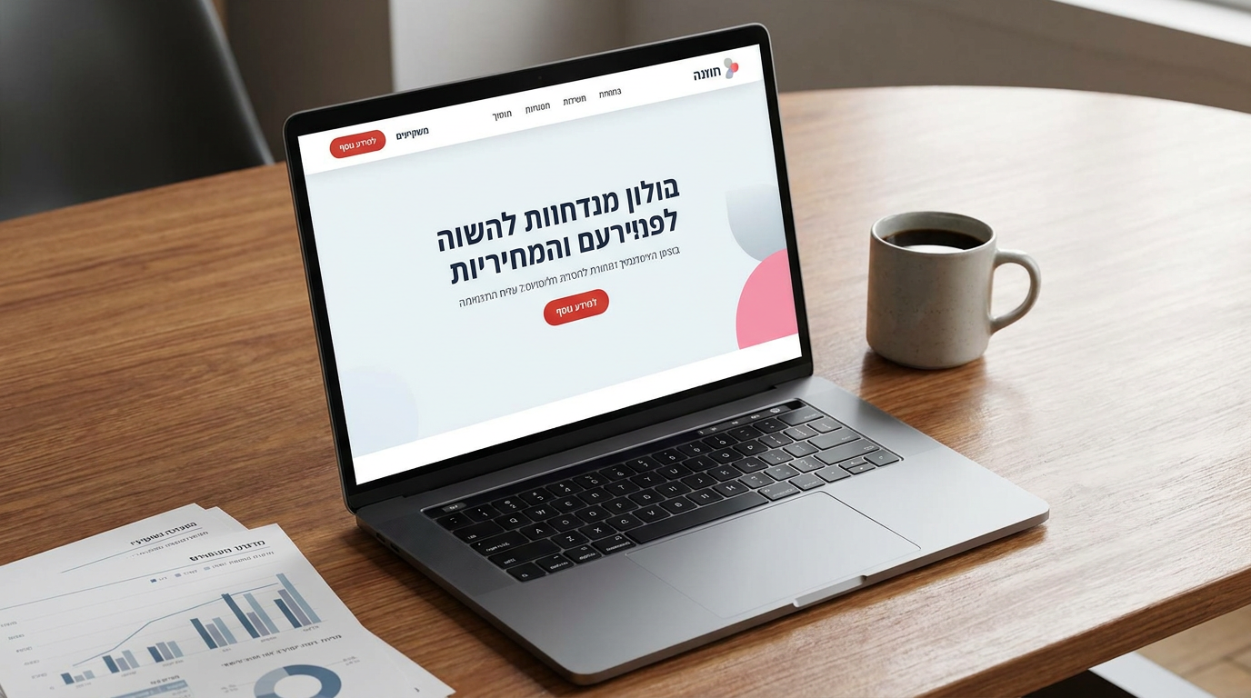A modern, sleek laptop displaying a startup website homepage with a bold value proposition, placed on a wooden desk next to a cup of coffee and some financial charts.