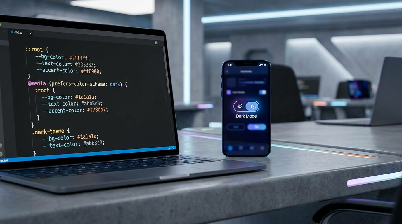 A close-up of a developer's code editor showing CSS variables for light and dark themes alongside a sleek toggle switch UI component on a mobile device.