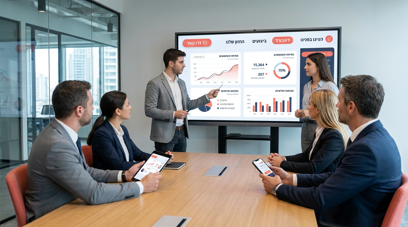 Two entrepreneurs in a bright, modern office presenting their startup's digital dashboard on a large screen to a group of attentive investors sitting around a meeting table.