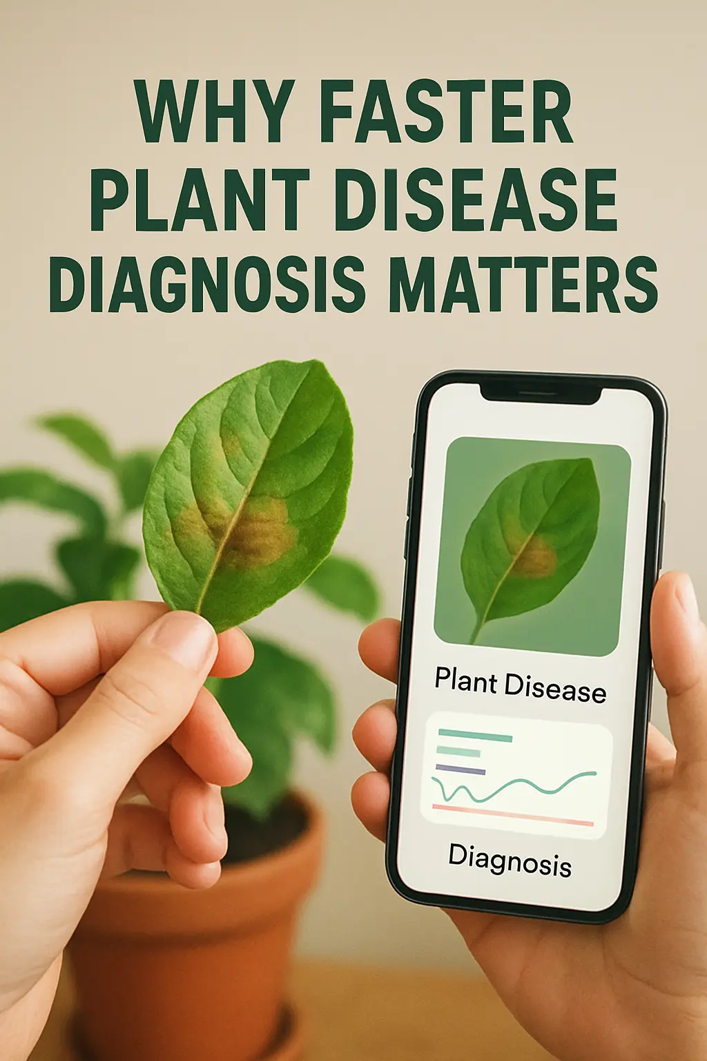 Hand holding phone uploading plant image for diagnosis