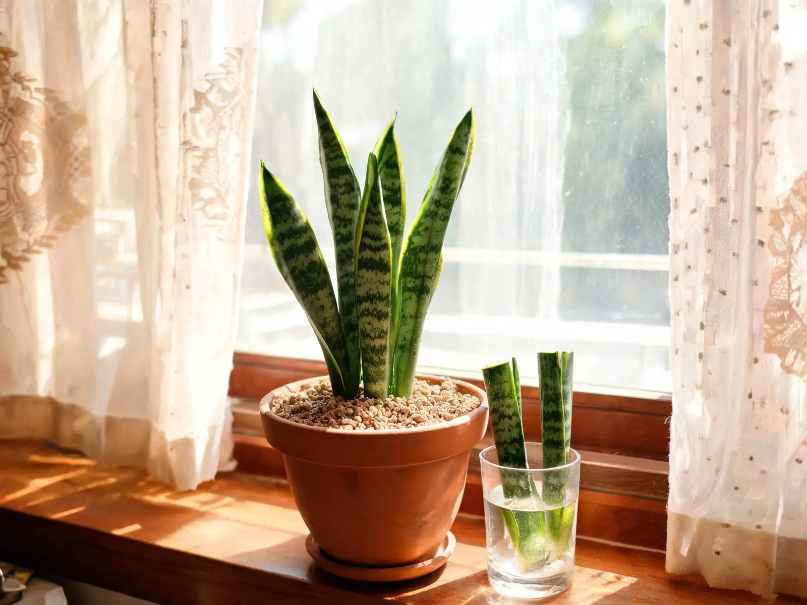 Healthy upright snake plant in a terracotta pot near a bright window, with snake plant leaf cuttings rooting in a glass of water