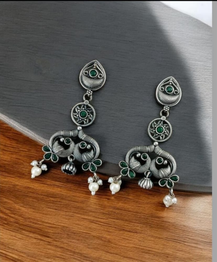Antique silver peacock earrings