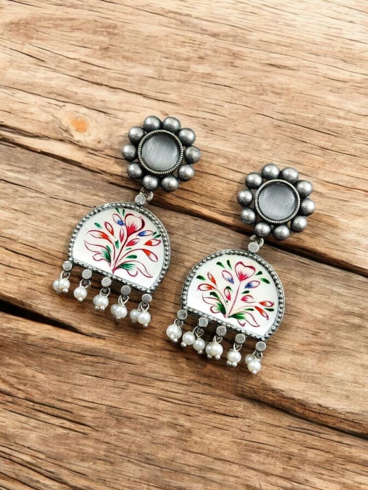 Colorfull hand painted earring with white monalisa stone