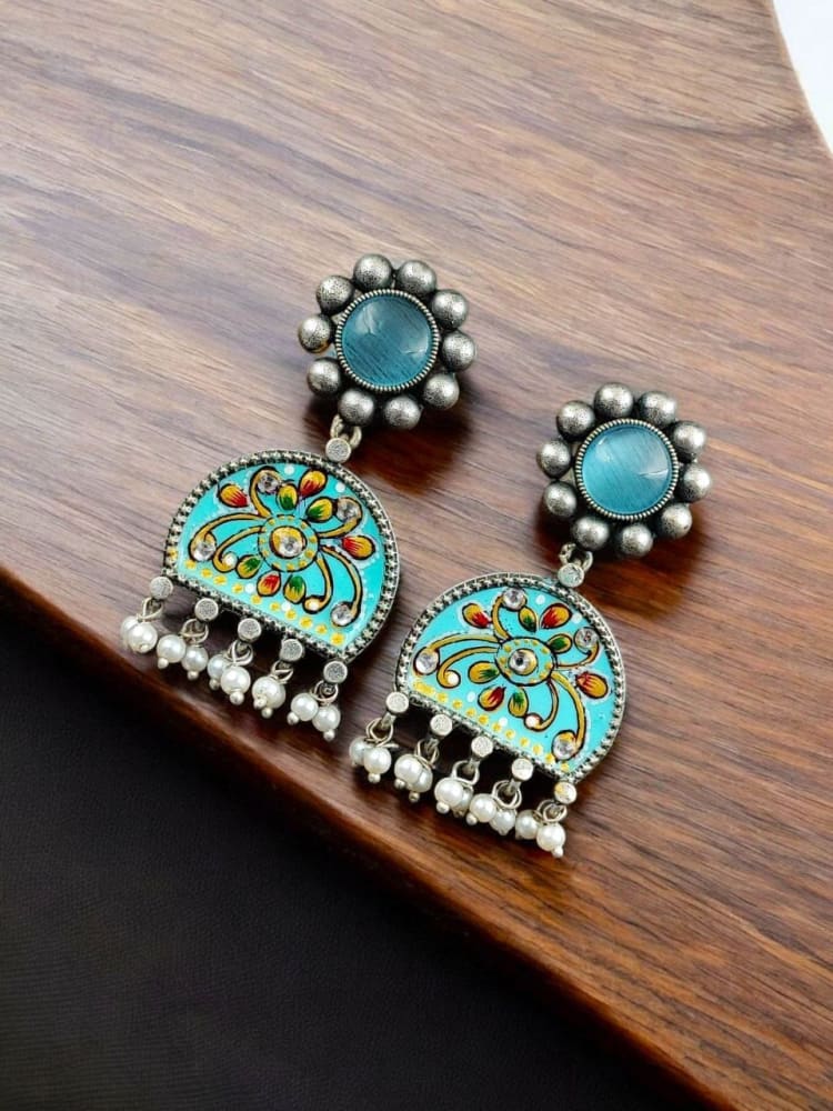 Colorfull hand painted earring with blue monalisa stone