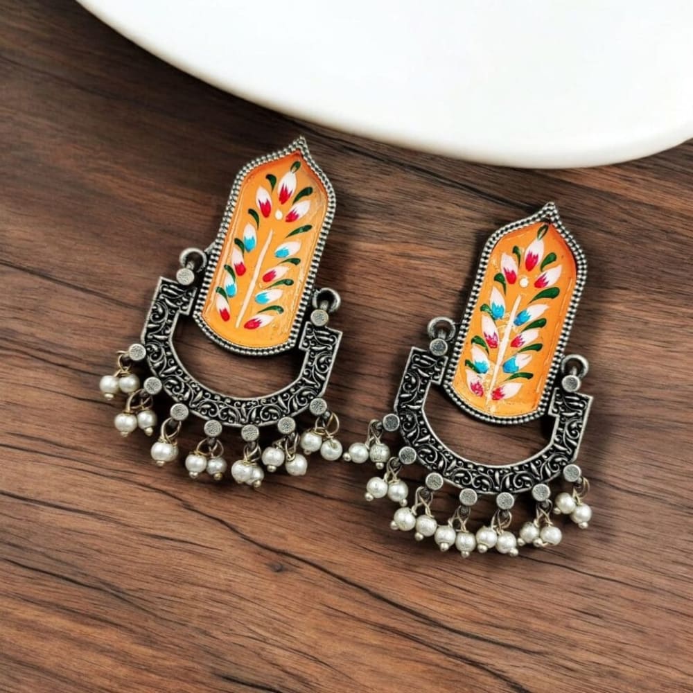 Colorfull hand painted earring with orange monalisa stone
