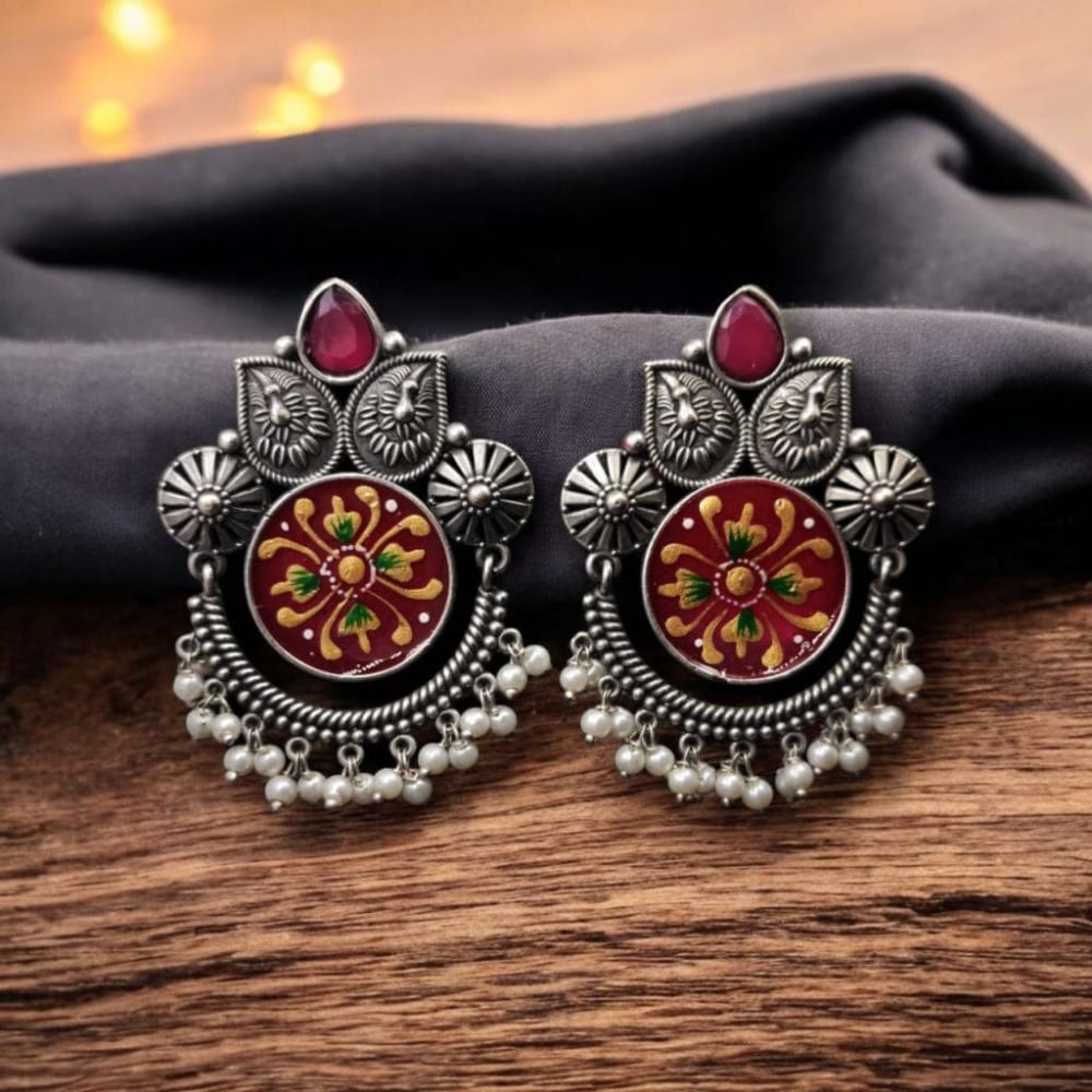 Colorfull hand painted earring with red stone