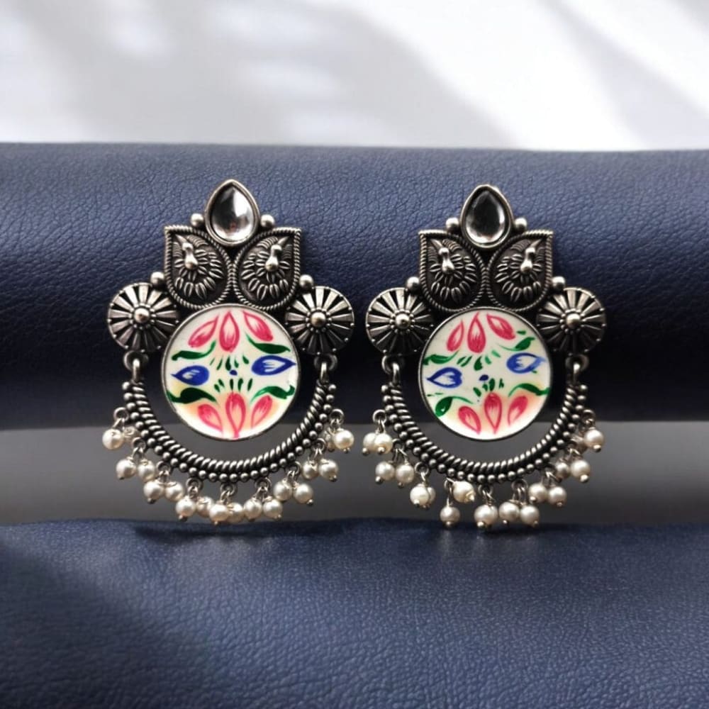 Colorfull hand painted earring with white stone