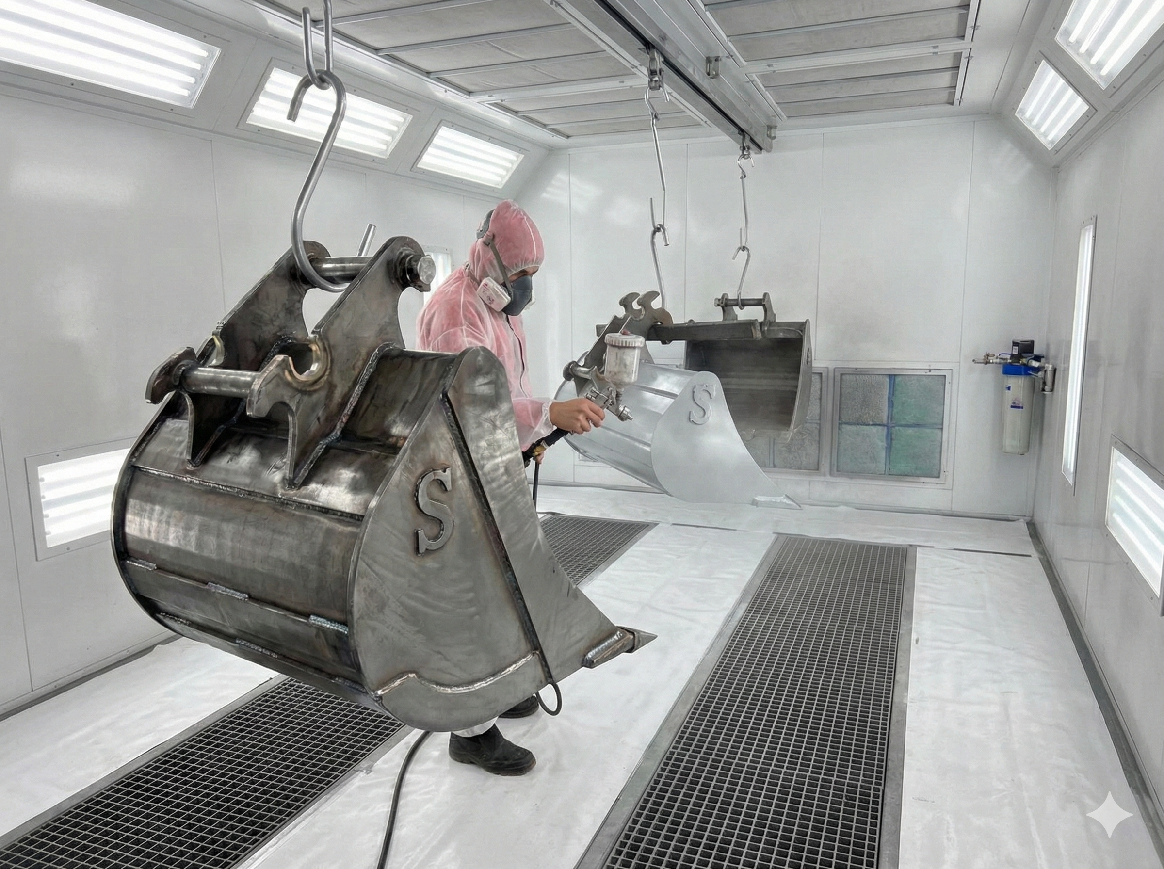 Professioneel poedercoaten van graafbakken in onze spuitcabine