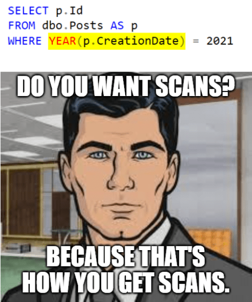 SQL query with highlighted YEAR function meme: Top shows SQL code snippet 'SELECT p.Id FROM dbo.Posts AS p WHERE YEAR(p.CreationDate) = 2021' with yellow highlight on 'YEAR(p.CreationDate)'. Bottom features Archer character with text 'DO YOU WANT SCANS? BECAUSE THAT'S HOW YOU GET SCANS.'