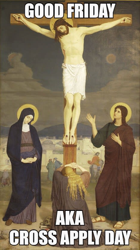 Religious painting of the crucifixion with text overlaid reading 'GOOD FRIDAY AKA CROSS APPLY DAY'