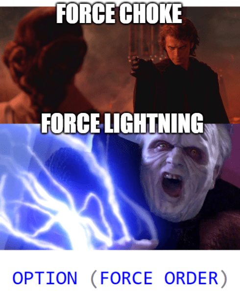 Star Wars meme. Top panel shows Anakin Skywalker using 'FORCE CHOKE'. Middle panel shows Emperor Palpatine using 'FORCE LIGHTNING' with blue energy. Text at bottom is SQL command OPTION (FORCE ORDER)