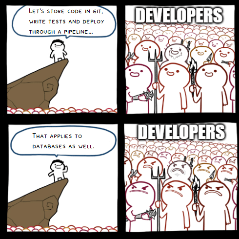 SrGrafo Comic with four panels showing a stick figure speaking from a podium to a crowd labeled 'DEVELOPERS' who are holding pitchforks and torches: Panel 1: Stick figure says 'LET'S STORE CODE IN GIT, WRITE TESTS AND DEPLOY THROUGH A PIPELINE…' with attentive developers listening. Panel 2: Shows 'DEVELOPERS' crowd cheering. Panel 3: Stick figure says 'THAT APPLIES TO DATABASES AS WELL.' Panel 4: Shows 'DEVELOPERS' crowd looking angry and upset.