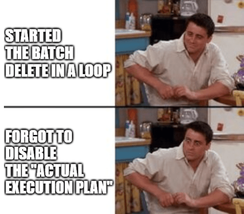 Joey's Reaction meme from 'Friends' in two panels. Top panel: 'STARTED THE BATCH DELETE IN A LOOP' showing Joey Tribbiani looking concerned. Bottom panel: 'FORGOT TO DISABLE THE ACTUAL EXECUTION PLAN' with Joey in same pose but more distressed