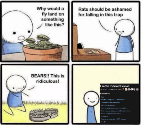 'Why Would Someone Do This' meme with four panels: first three show stick figure questioning traps ('Why would a fly land on something like this?', 'Rats should be ashamed for falling in this trap', 'BEARS!! This is ridiculous!') and fourth panel shows smiling figure with SQL Server 'Create Indexed Views' dialog box