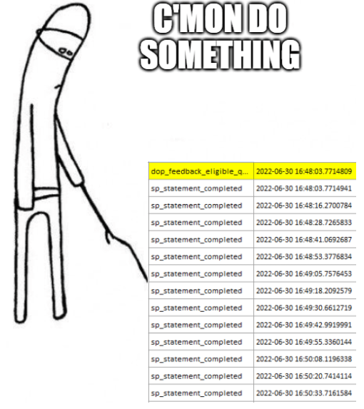 'C'MON DO SOMETHING' meme featuring a simple figure drawing poking extended events logs with a stick. The logs show multiple entries of 'sp_statement_completed' entries, with one 'dop_feedback_eligible' entry at the top.